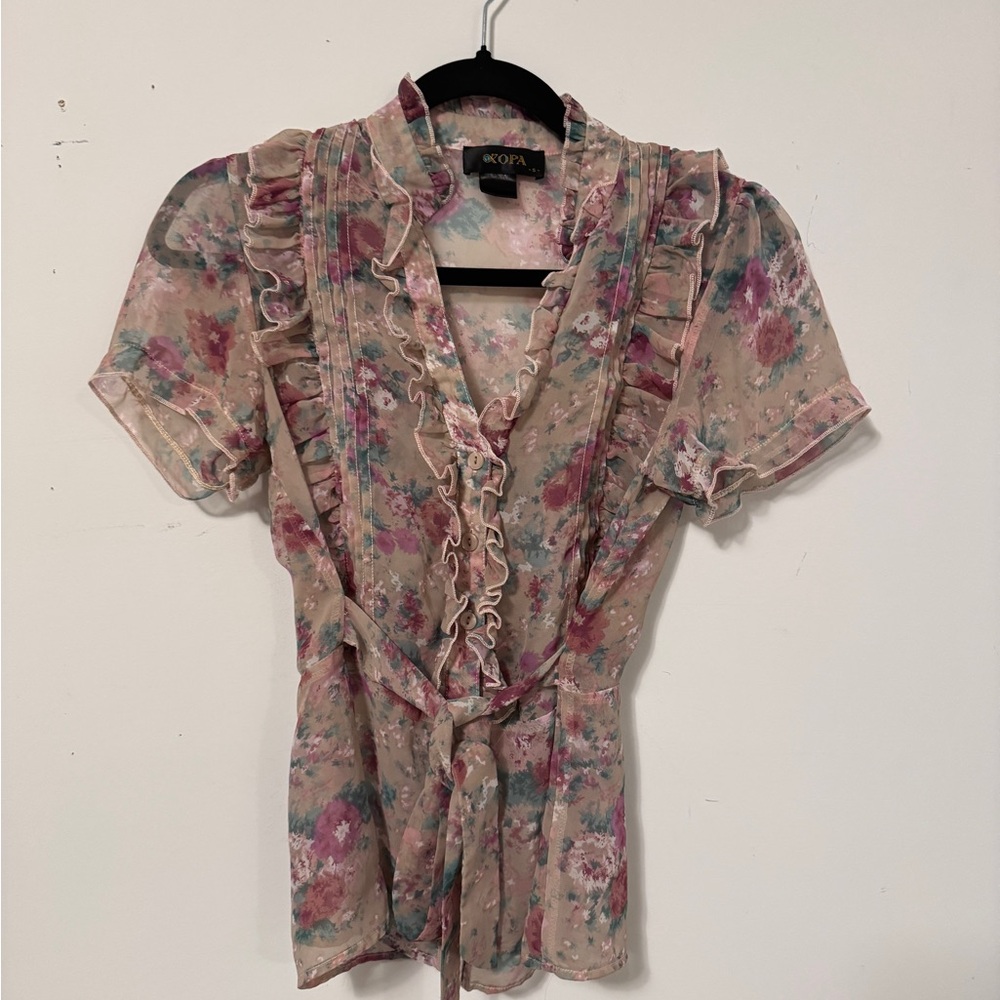 Floral Ruffle Blouse - Pink and Cream